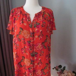 ROSE & OLIVE SILKY HAWAIIAN PRINT BLOUSE; SHORT-SLEEVE; SIZE X